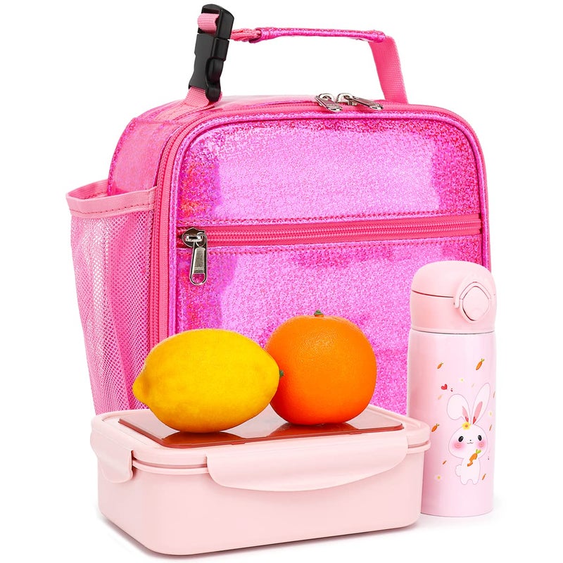 FlowFly Kids Lunch box Insulated Soft Bag Mini Cooler Back to School Thermal Meal Tote Kit for Girls, Boys, PU Pink - Image 5